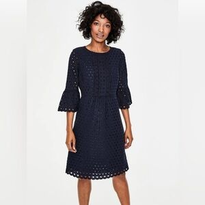 BODEN plus sized NAVY/BLACK eyelet MIDI bell sleeve EMBROIDERED ruffle SIZE 16